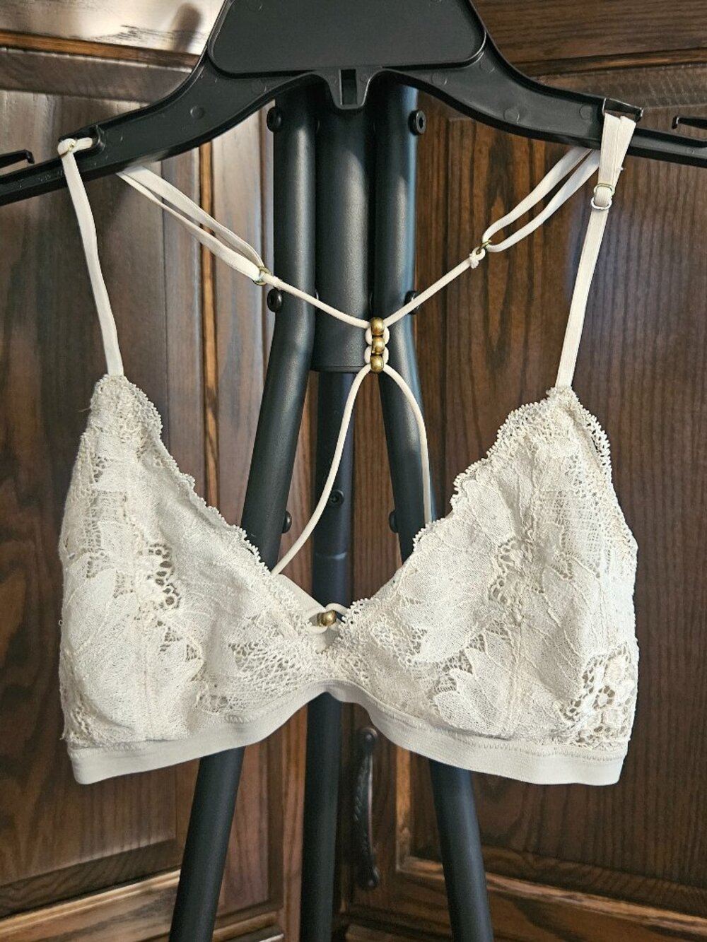 Aerie M Ivory Lace Strappy Back Bralette Gold Bead Detail